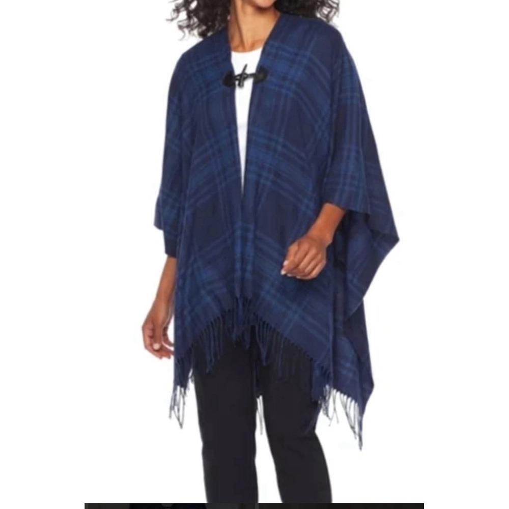Chaps Women's Shawl Wrap Poncho‎ Open Front Poncho Blue New $68 Preppy